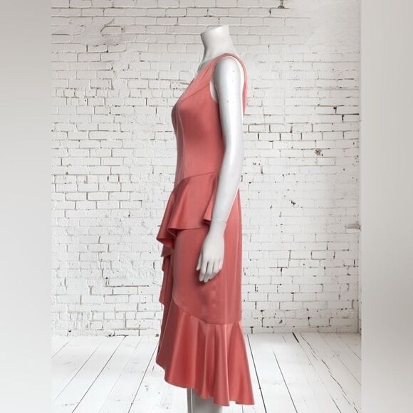 Marchesa Notte Coral Sleeveless Ruffle Floral appliqué Dress. - Picture 3 of 5